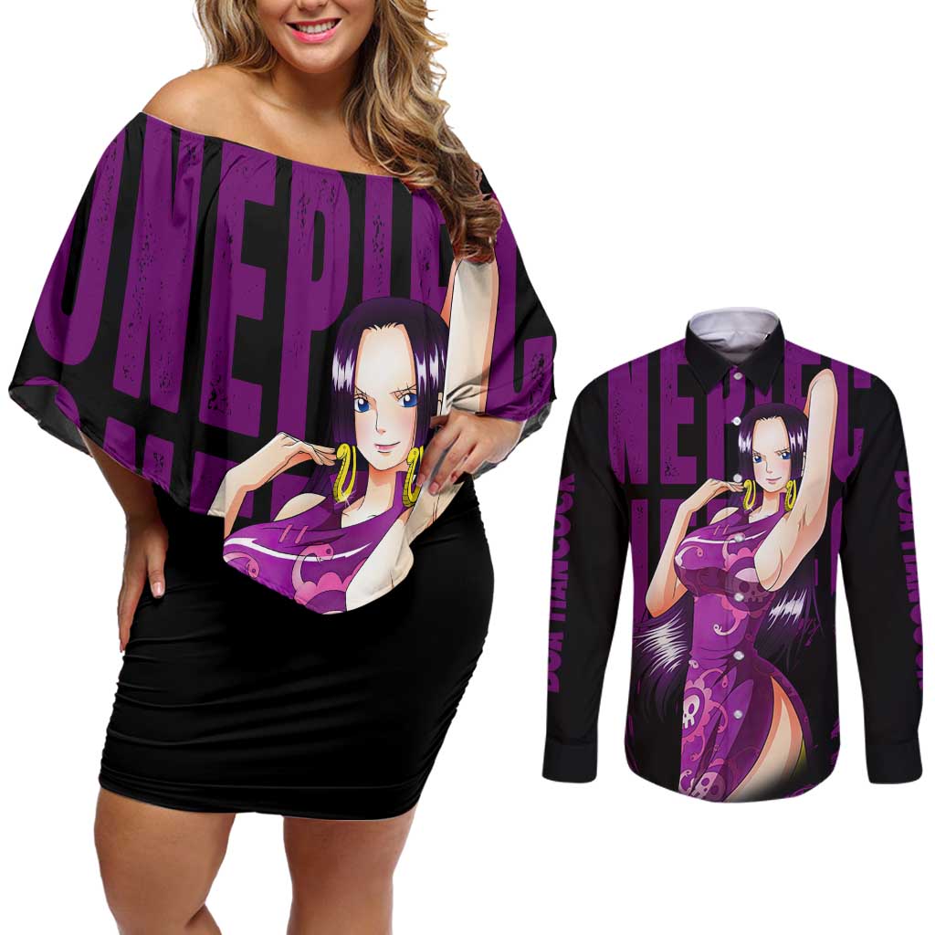 Boa Hancok - One Piece Couples Matching Off Shoulder Short Dress and Long Sleeve Button Shirt Anime Style