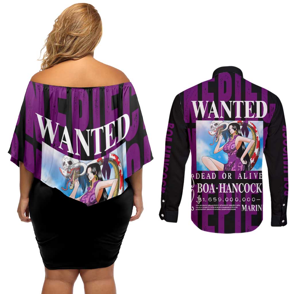 Boa Hancok - One Piece Couples Matching Off Shoulder Short Dress and Long Sleeve Button Shirt Anime Style