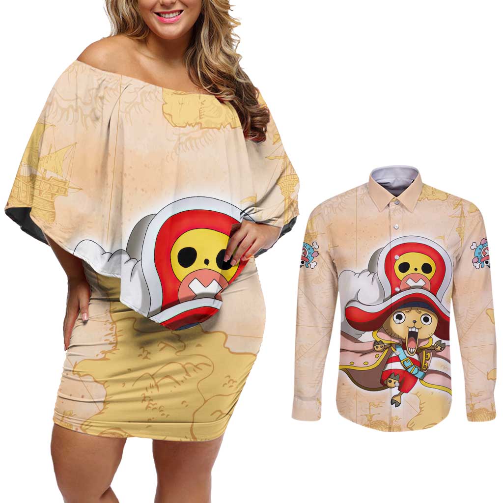 Tony Tony Chopper - One Piece Couples Matching Off Shoulder Short Dress and Long Sleeve Button Shirt Anime Style