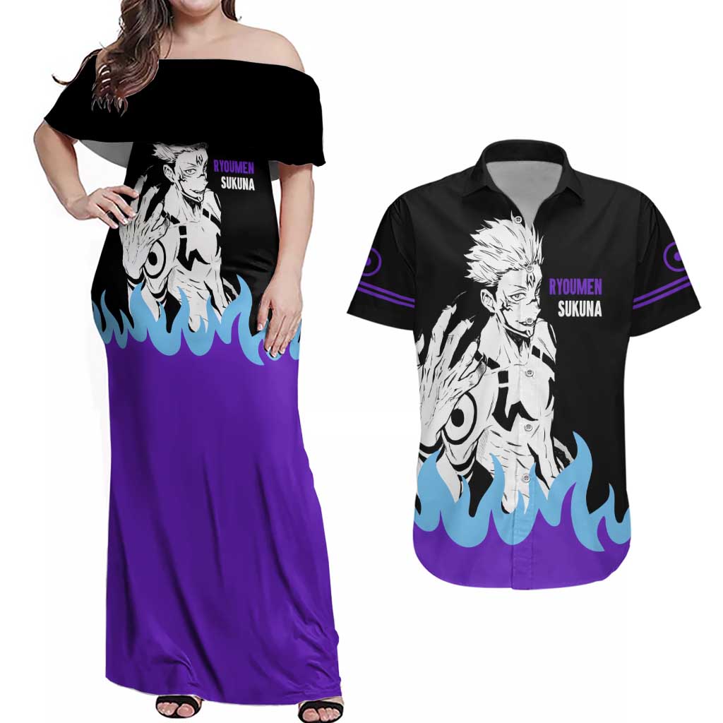 Ryoumen Sukuna - Jujutsu Kaisen Couples Matching Off Shoulder Maxi Dress and Hawaiian Shirt Anime Style