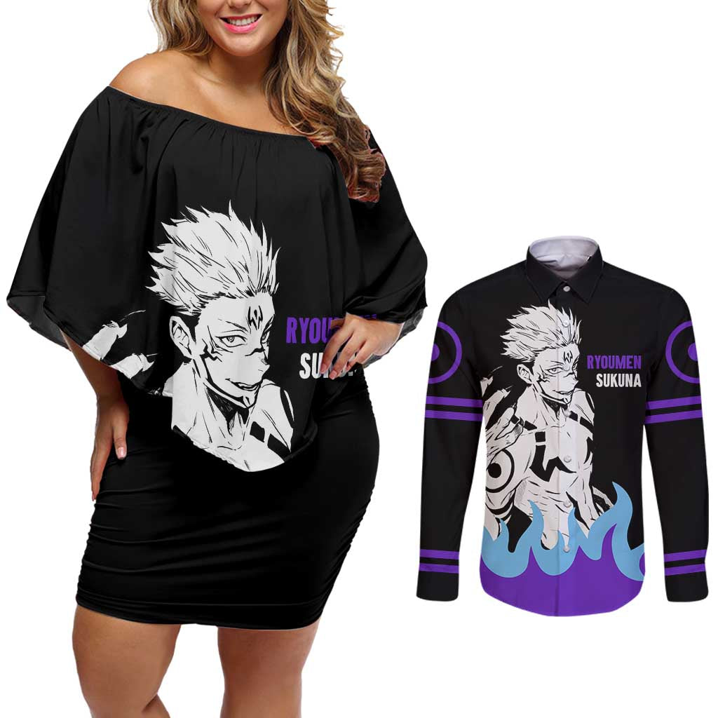 Ryoumen Sukuna - Jujutsu Kaisen Couples Matching Off Shoulder Short Dress and Long Sleeve Button Shirt Anime Style