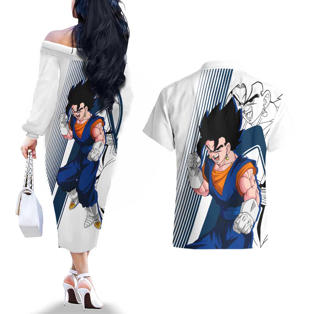 Vegito - Dragon Ball Couples Matching Off The Shoulder Long Sleeve Dress and Hawaiian Shirt Anime Style