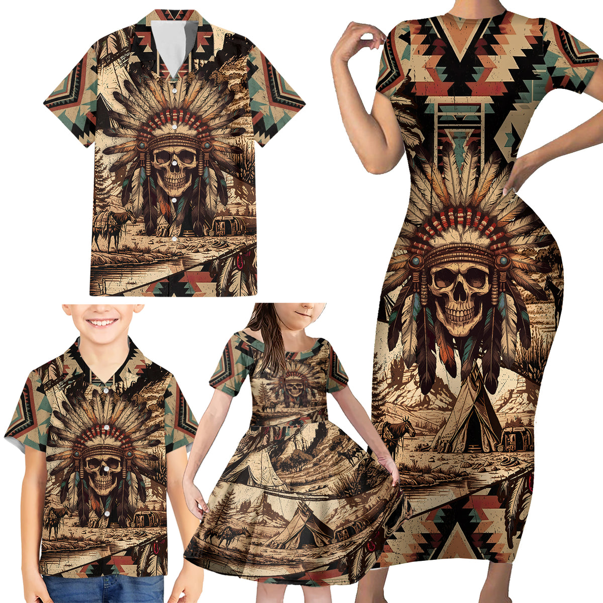 native-american-skull-family-matching-short-sleeve-bodycon-dress-and-hawaiian-shirt-with-tribal-prints