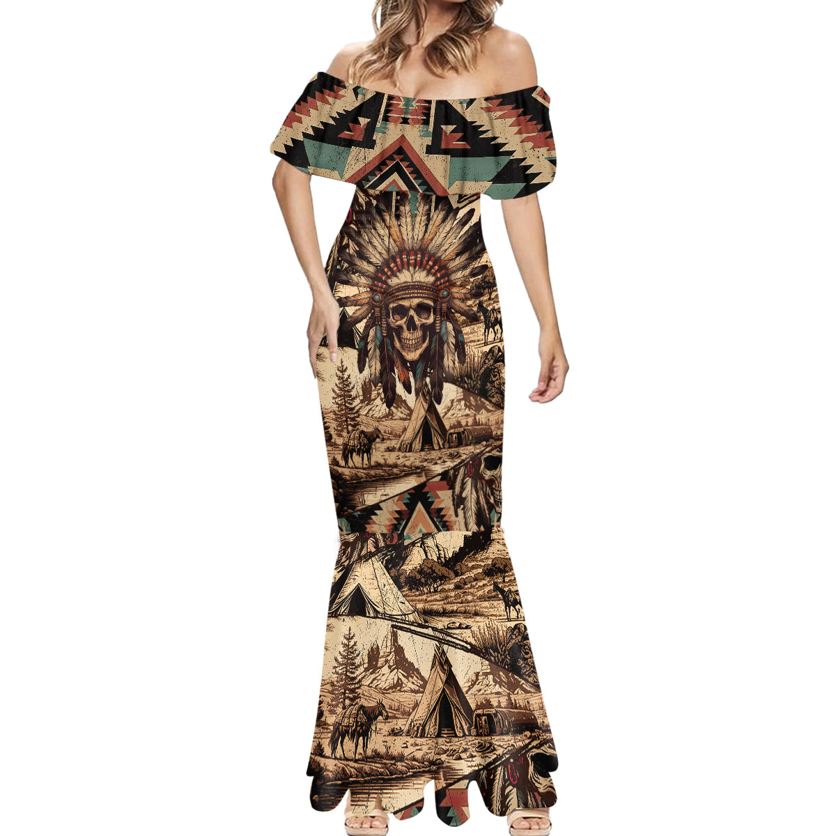 native-american-skull-mermaid-dress-with-tribal-prints