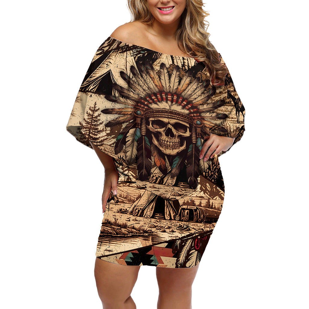 native-american-skull-off-shoulder-short-dress-with-tribal-prints