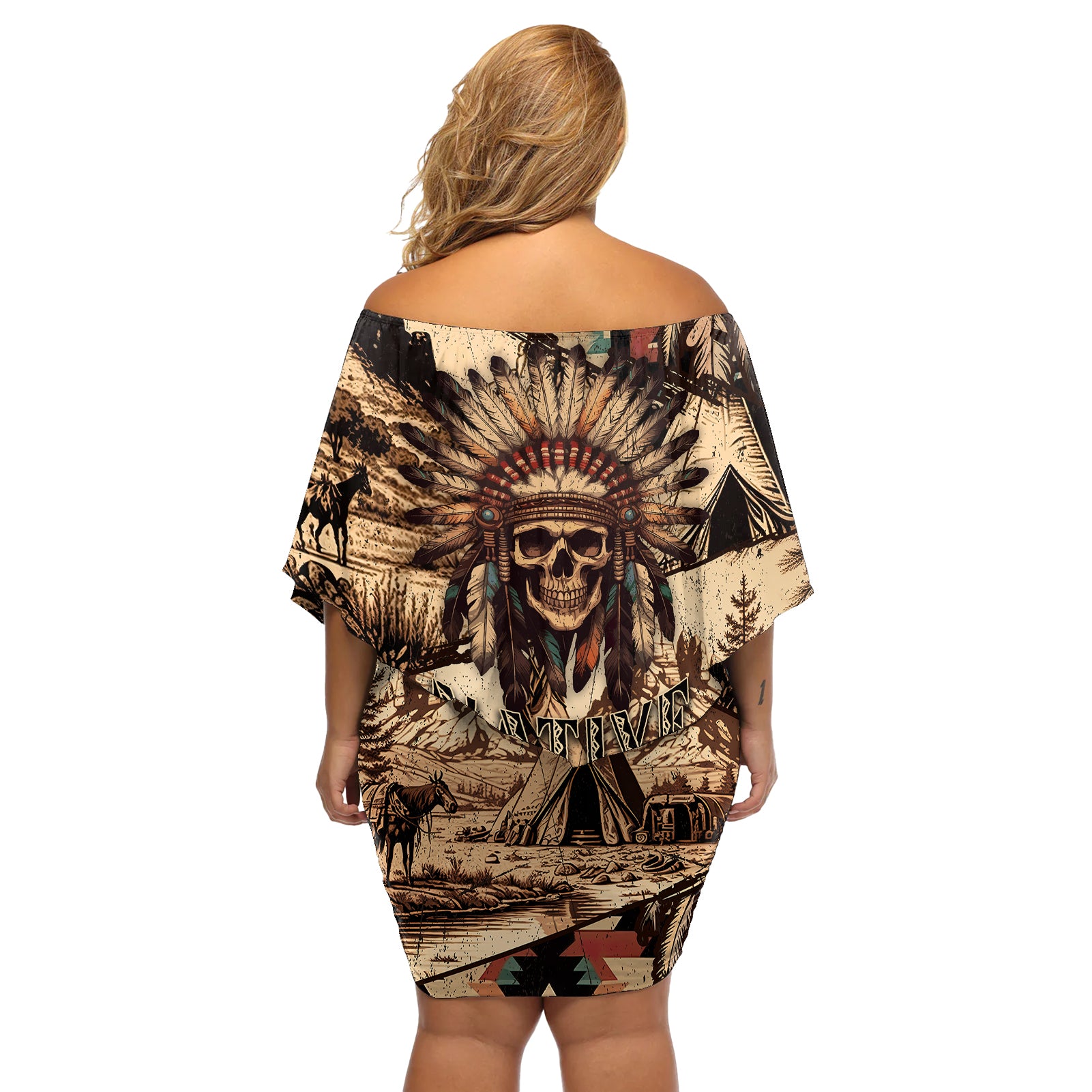 native-american-skull-off-shoulder-short-dress-with-tribal-prints