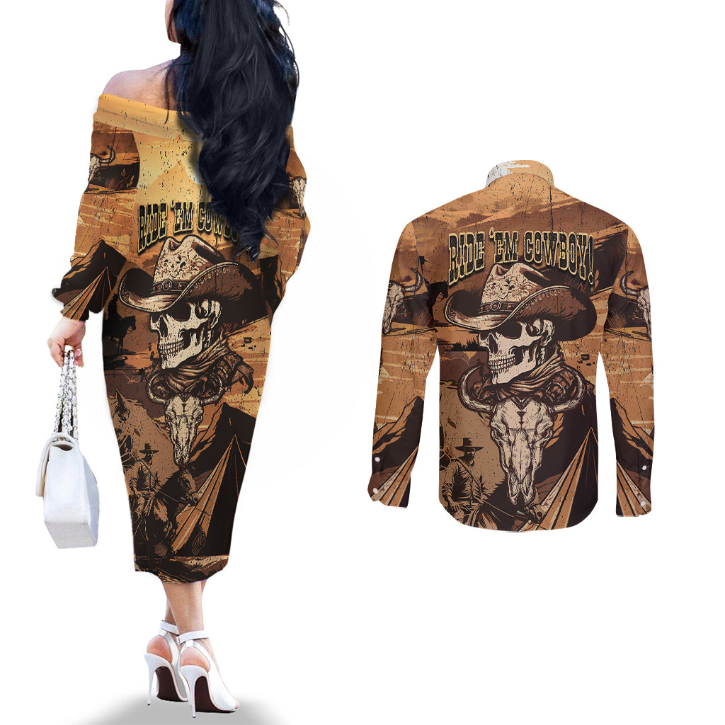 skull-cowboy-couples-matching-off-the-shoulder-long-sleeve-dress-and-long-sleeve-button-shirts-rise-em-cowboy