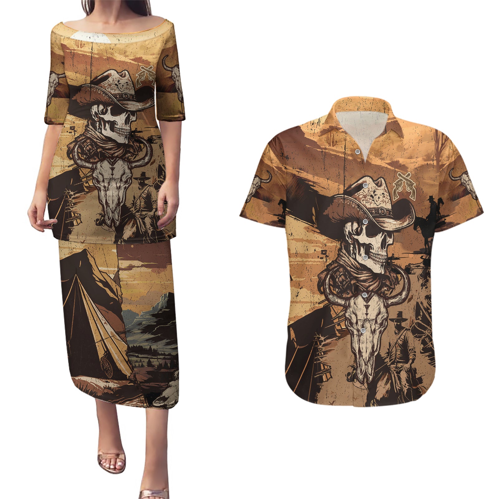 skull-cowboy-couples-matching-puletasi-dress-and-hawaiian-shirt-rise-em-cowboy