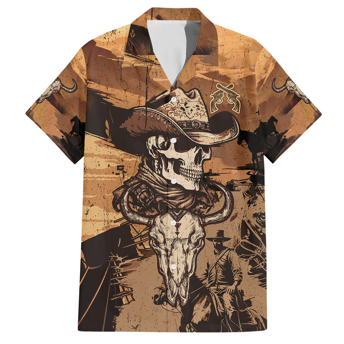 skull-cowboy-family-matching-short-sleeve-bodycon-dress-and-hawaiian-shirt-rise-em-cowboy