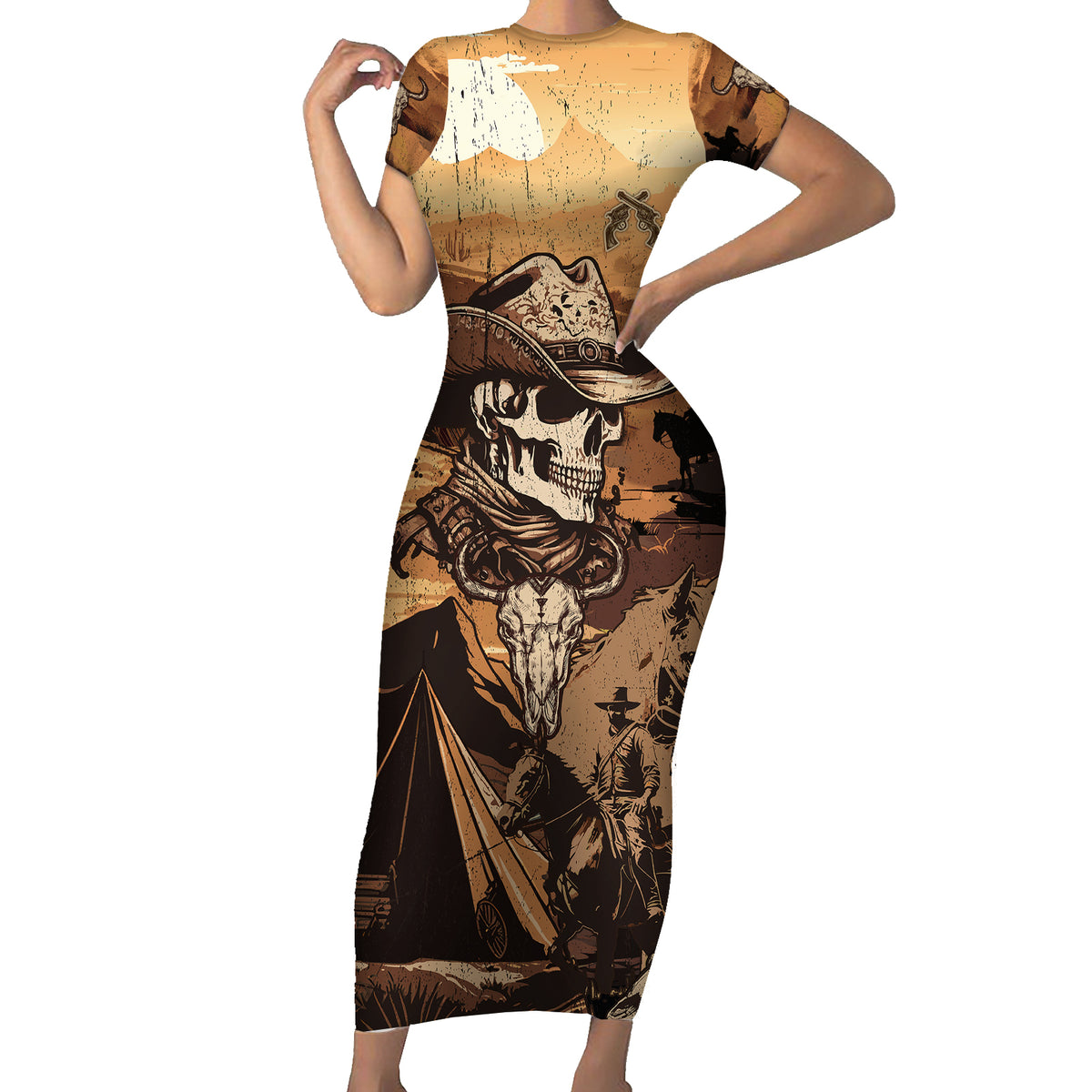 skull-cowboy-family-matching-short-sleeve-bodycon-dress-and-hawaiian-shirt-rise-em-cowboy