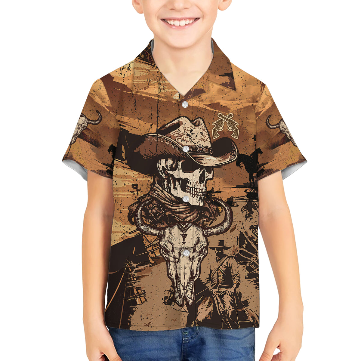 skull-cowboy-family-matching-short-sleeve-bodycon-dress-and-hawaiian-shirt-rise-em-cowboy