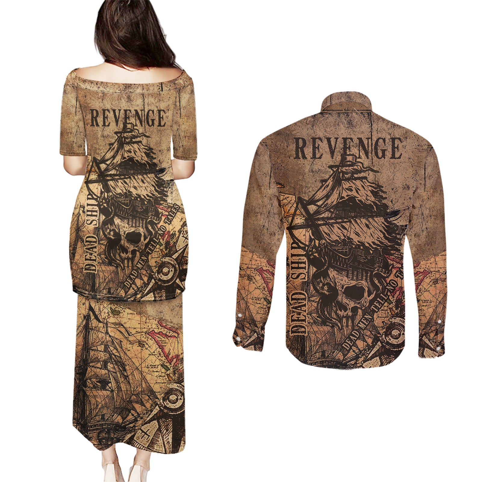 skull-pirate-couples-matching-puletasi-dress-and-long-sleeve-button-shirts-revenge-vintage-style-art