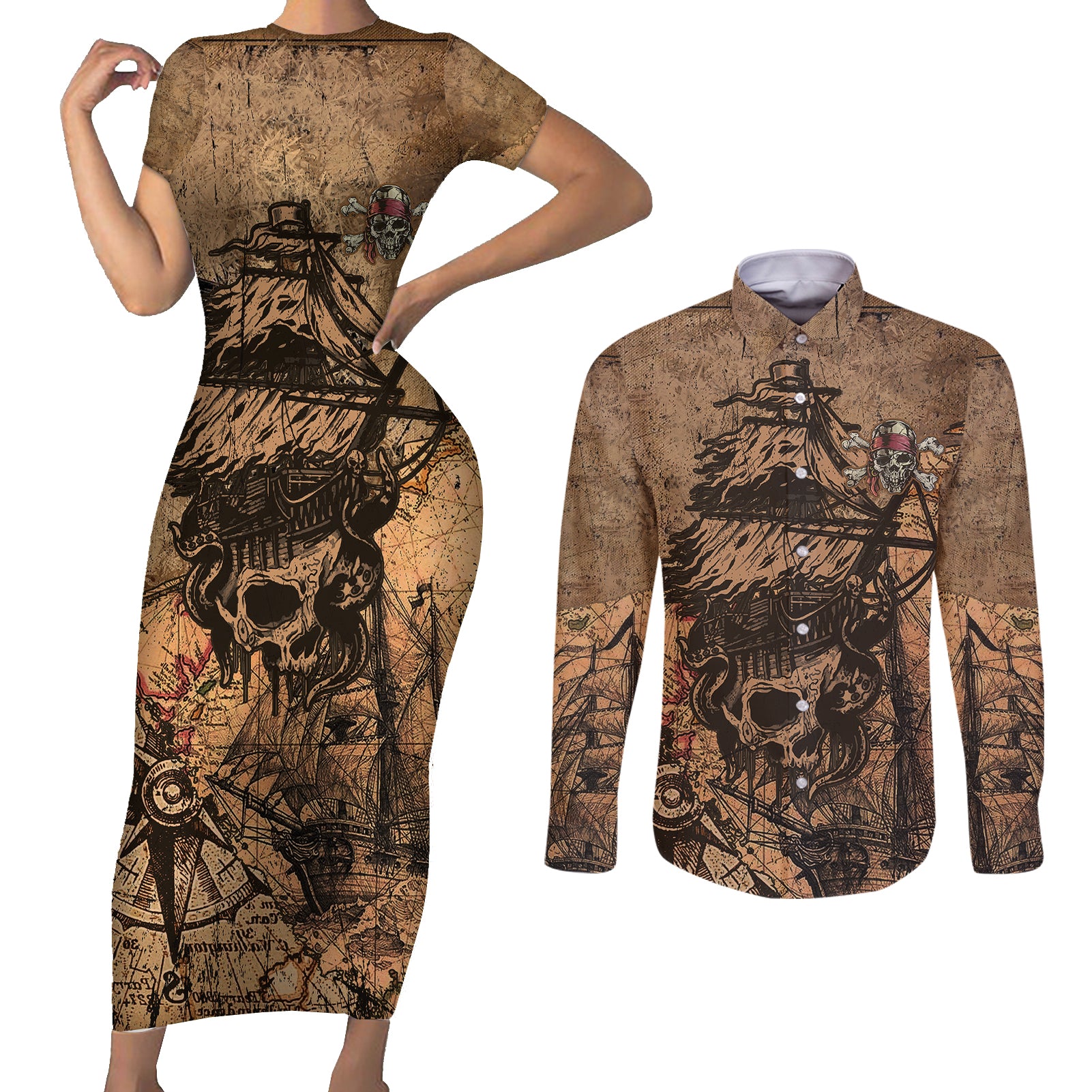 skull-pirate-couples-matching-short-sleeve-bodycon-dress-and-long-sleeve-button-shirts-revenge-vintage-style-art