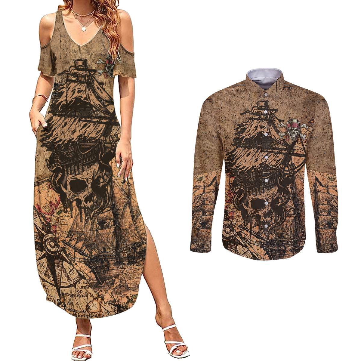 skull-pirate-couples-matching-summer-maxi-dress-and-long-sleeve-button-shirts-revenge-vintage-style-art