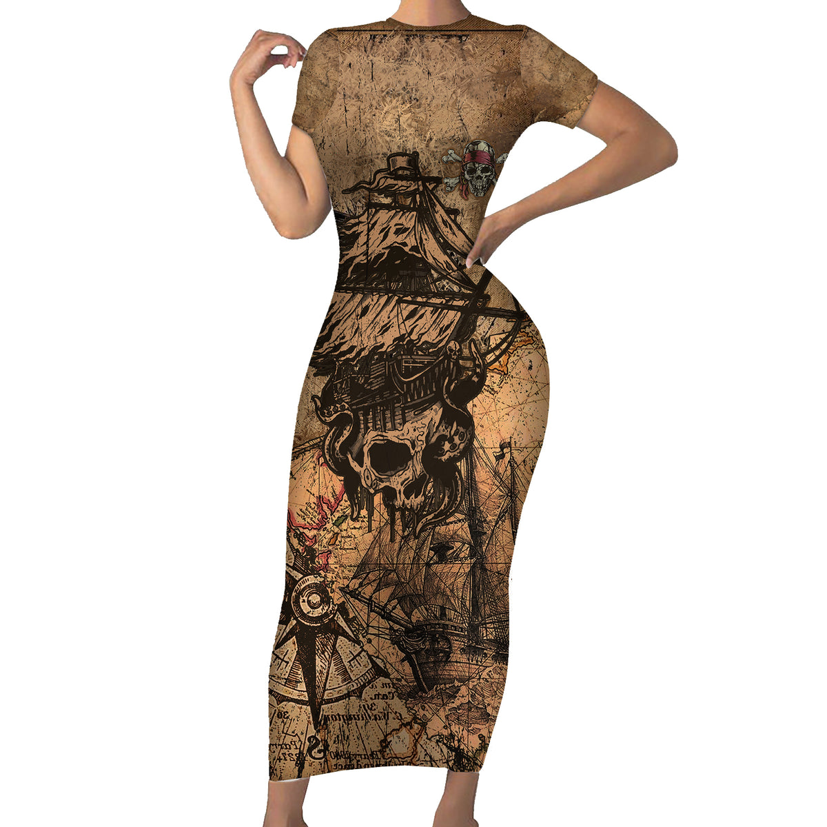 skull-pirate-family-matching-short-sleeve-bodycon-dress-and-hawaiian-shirt-revenge-vintage-style-art