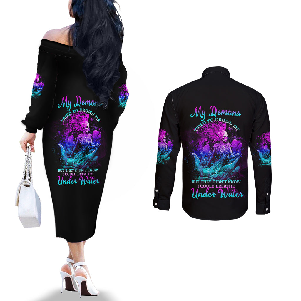 my-demons-tried-to-drown-me-mermaid-couples-matching-off-the-shoulder-long-sleeve-dress-and-long-sleeve-button-shirt