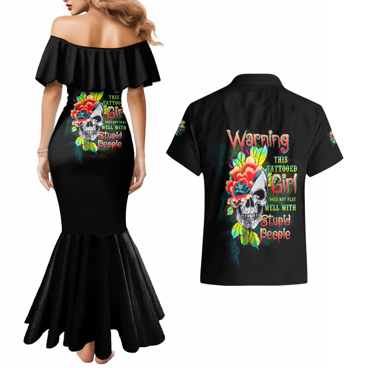 warning-this-tattooed-girl-flower-couples-matching-mermaid-dress-and-hawaiian-shirt