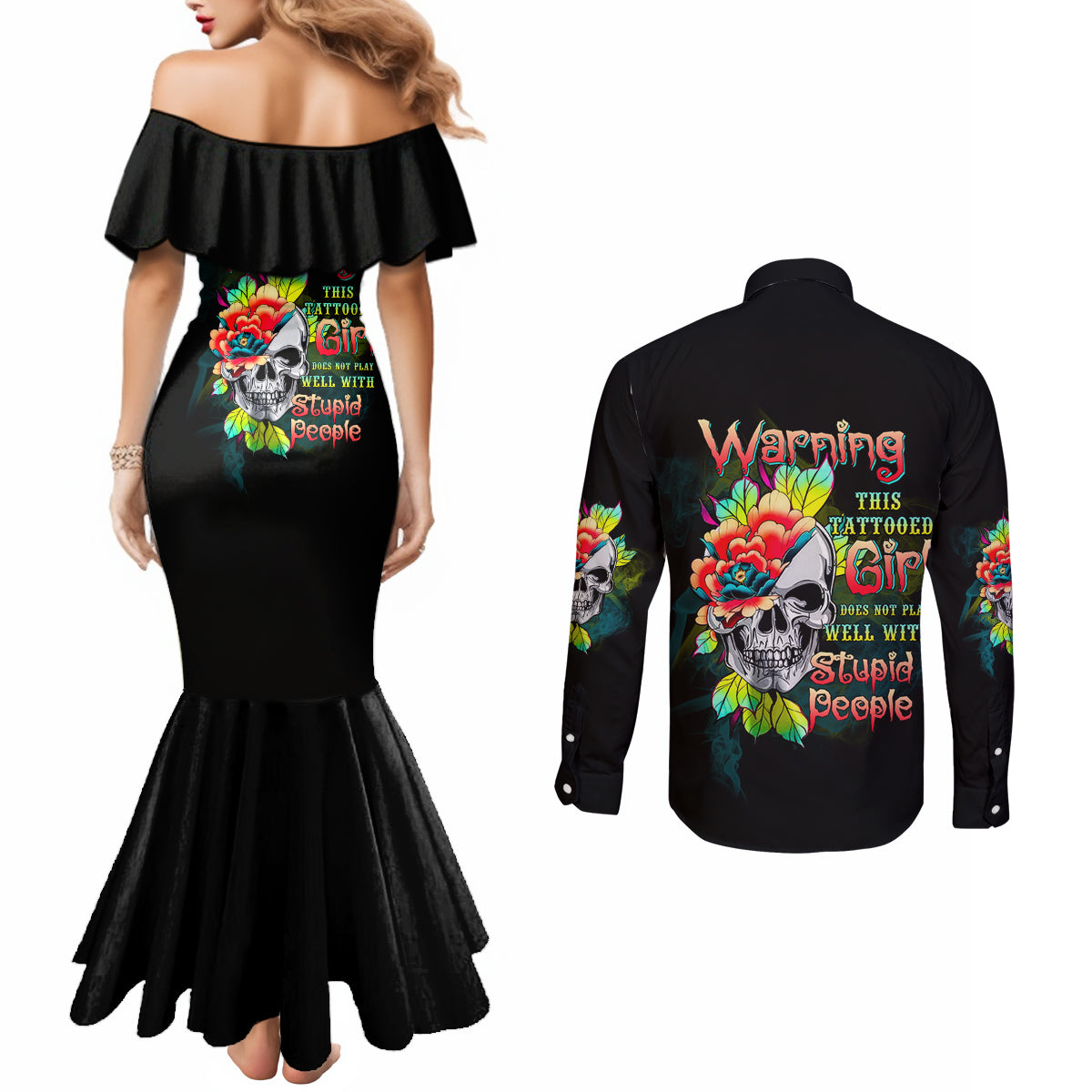 warning-this-tattooed-girl-flower-couples-matching-mermaid-dress-and-long-sleeve-button-shirt