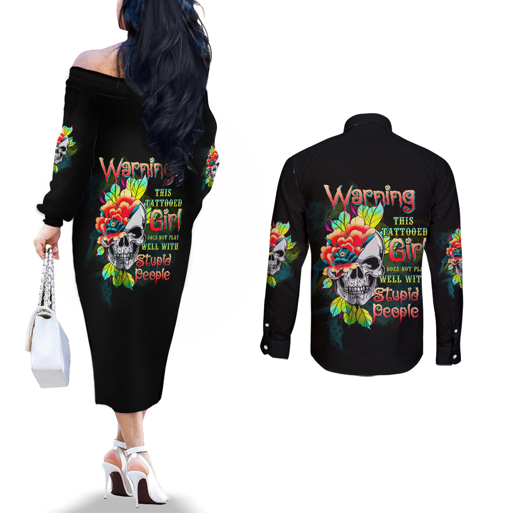 warning-this-tattooed-girl-flower-couples-matching-off-the-shoulder-long-sleeve-dress-and-long-sleeve-button-shirt