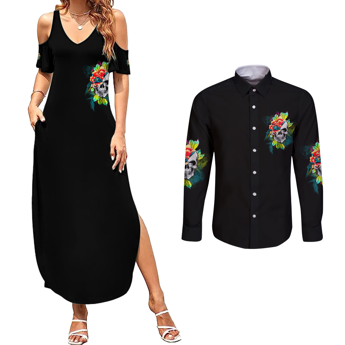warning-this-tattooed-girl-flower-couples-matching-summer-maxi-dress-and-long-sleeve-button-shirt