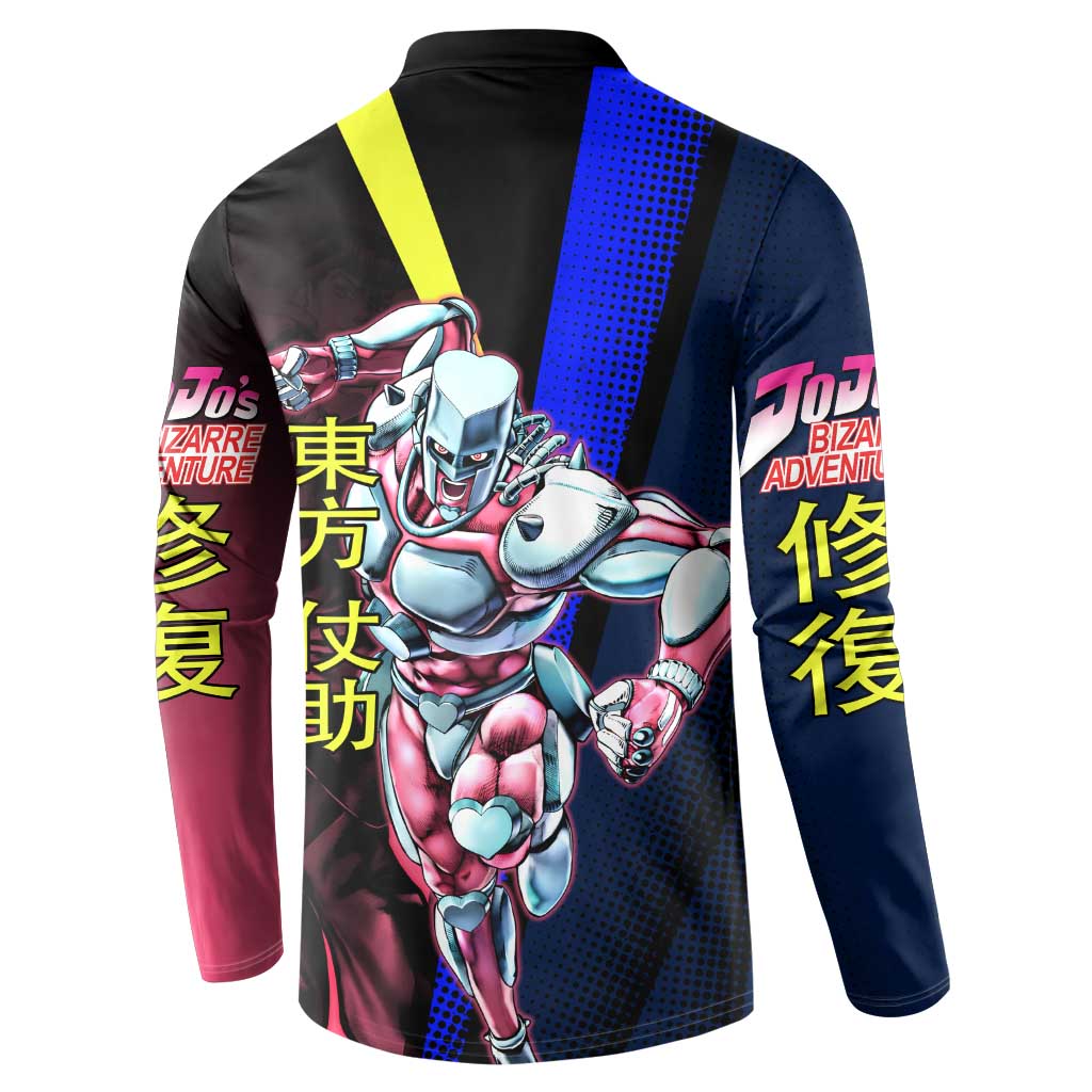 Josuke JoJo’s Bizarre Adventure Button Sweatshirt with Crazy Diamond Stand - The Mazicc