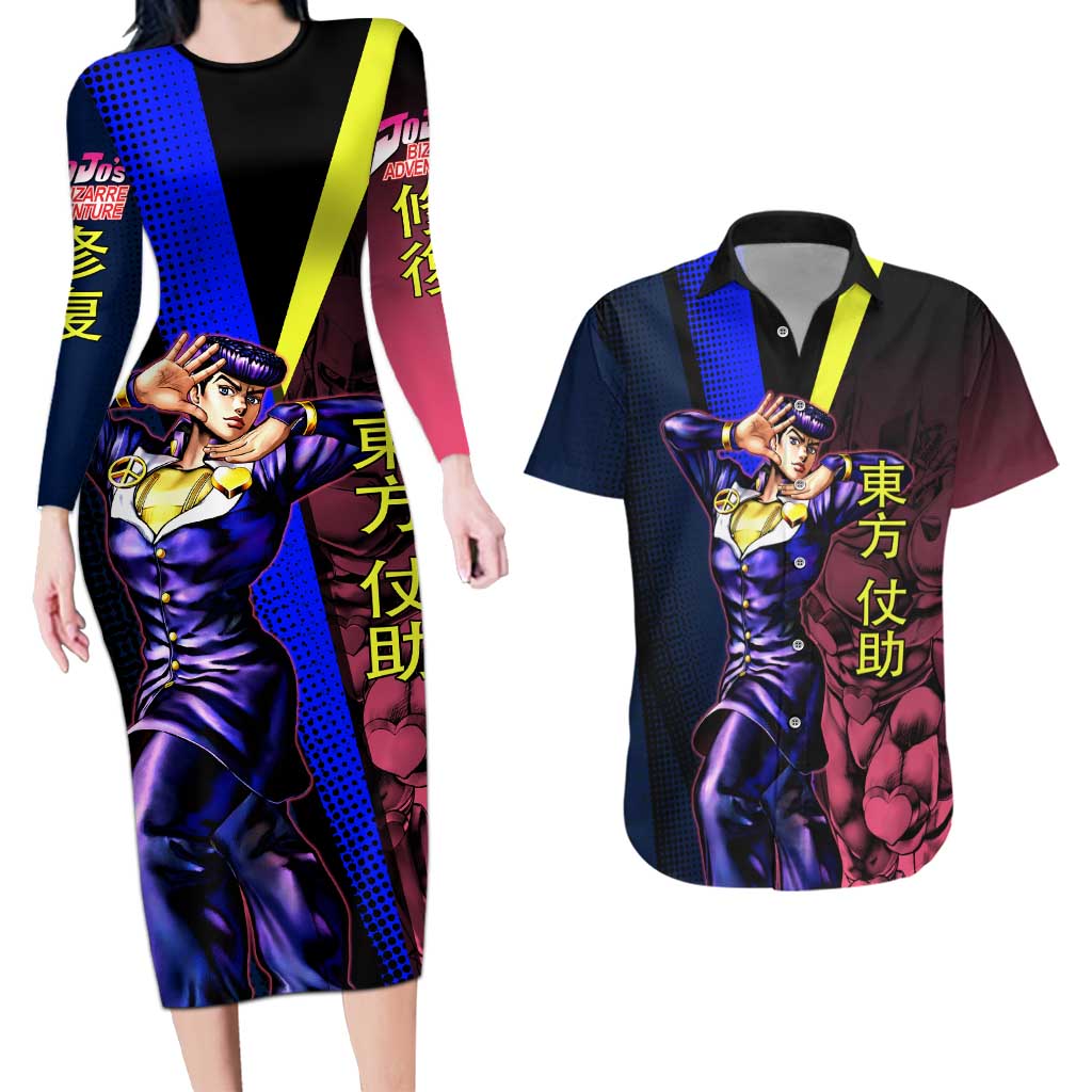Josuke JoJo’s Bizarre Adventure Couples Matching Long Sleeve Bodycon Dress and Hawaiian Shirt with Crazy Diamond Stand - The Mazicc