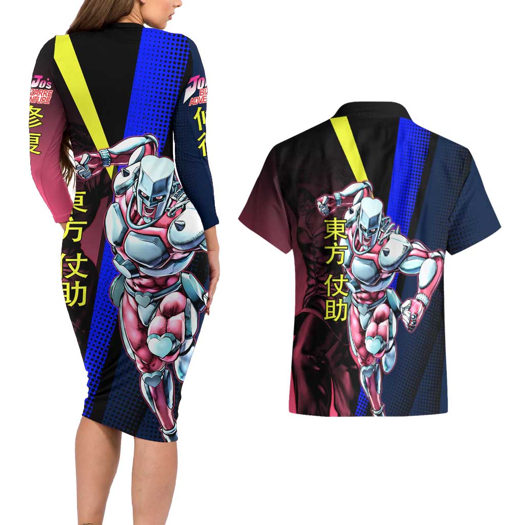Josuke JoJo’s Bizarre Adventure Couples Matching Long Sleeve Bodycon Dress and Hawaiian Shirt with Crazy Diamond Stand - The Mazicc