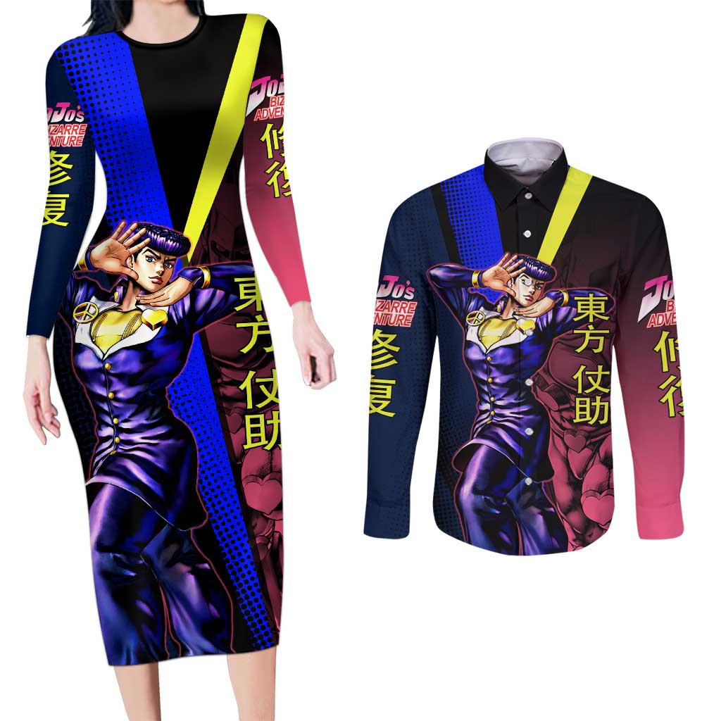 Josuke JoJo’s Bizarre Adventure Couples Matching Long Sleeve Bodycon Dress and Long Sleeve Button Shirt with Crazy Diamond Stand - The Mazicc