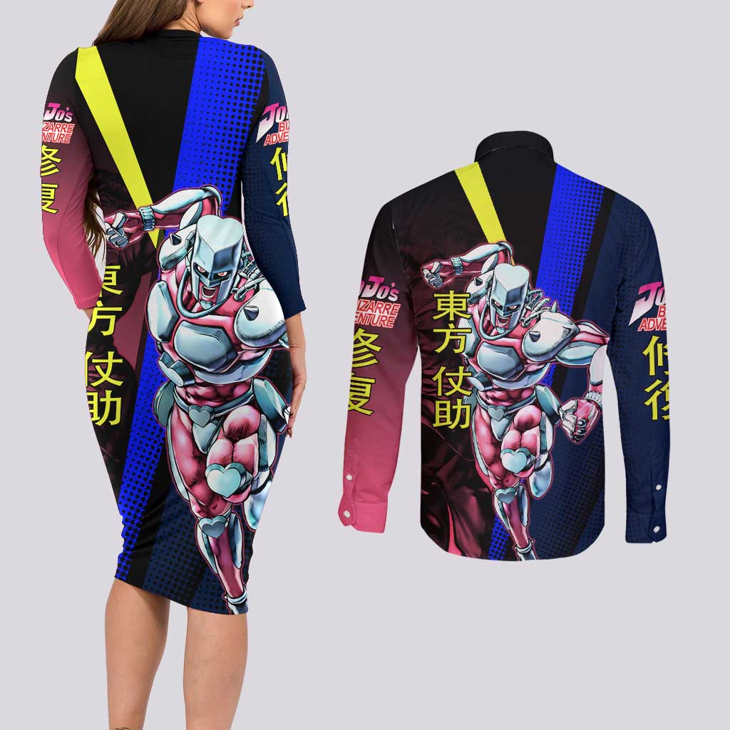 Josuke JoJo’s Bizarre Adventure Couples Matching Long Sleeve Bodycon Dress and Long Sleeve Button Shirt with Crazy Diamond Stand - The Mazicc