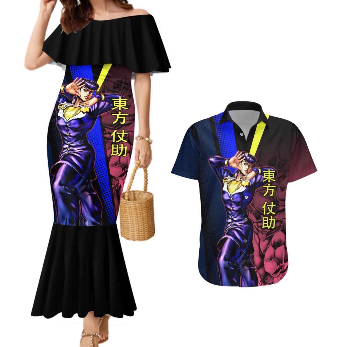 Josuke JoJo’s Bizarre Adventure Couples Matching Mermaid Dress and Hawaiian Shirt with Crazy Diamond Stand - The Mazicc