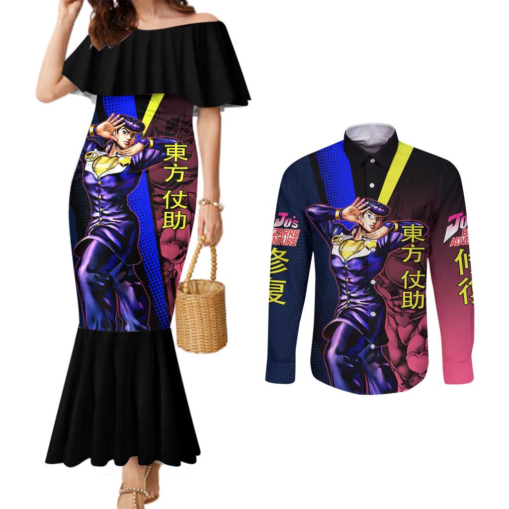 Josuke JoJo’s Bizarre Adventure Couples Matching Mermaid Dress and Long Sleeve Button Shirt with Crazy Diamond Stand - The Mazicc