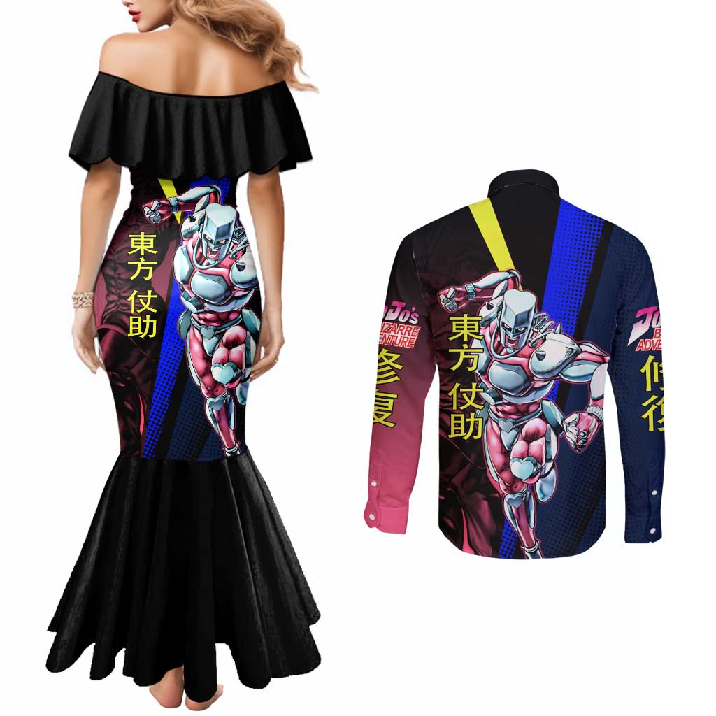 Josuke JoJo’s Bizarre Adventure Couples Matching Mermaid Dress and Long Sleeve Button Shirt with Crazy Diamond Stand - The Mazicc