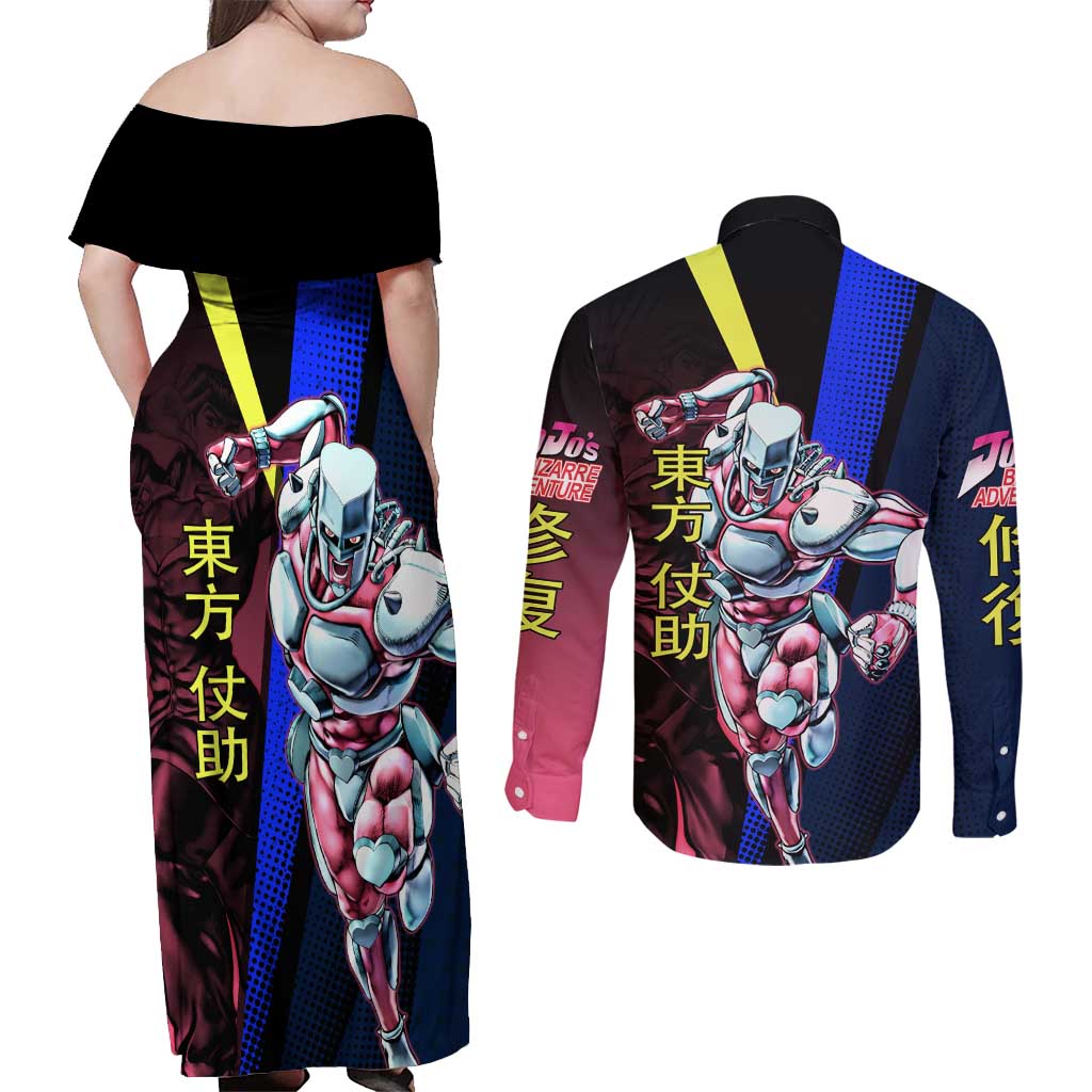 Josuke JoJo’s Bizarre Adventure Couples Matching Off Shoulder Maxi Dress and Long Sleeve Button Shirt with Crazy Diamond Stand - The Mazicc