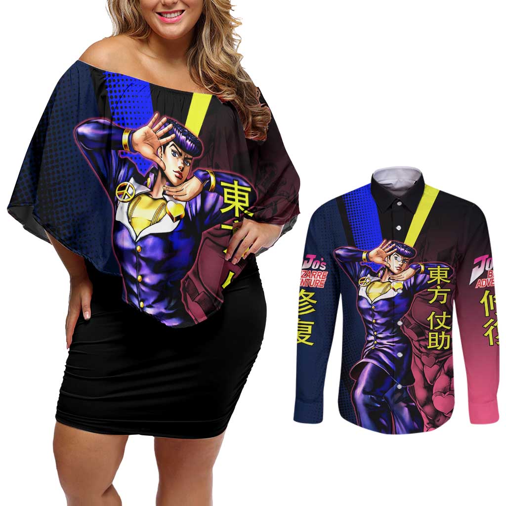 Josuke JoJo’s Bizarre Adventure Couples Matching Off Shoulder Short Dress and Long Sleeve Button Shirt with Crazy Diamond Stand - The Mazicc