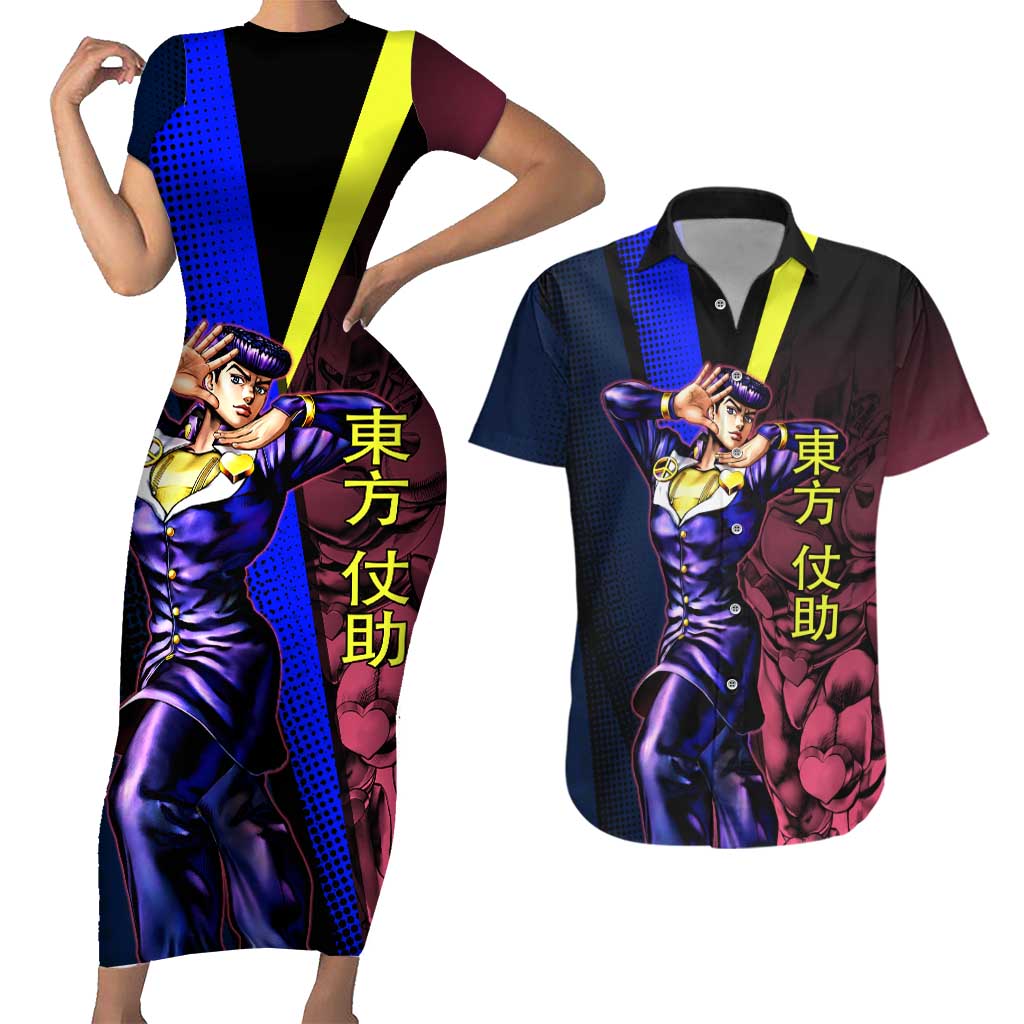 Josuke JoJo’s Bizarre Adventure Couples Matching Short Sleeve Bodycon Dress and Hawaiian Shirt with Crazy Diamond Stand - The Mazicc
