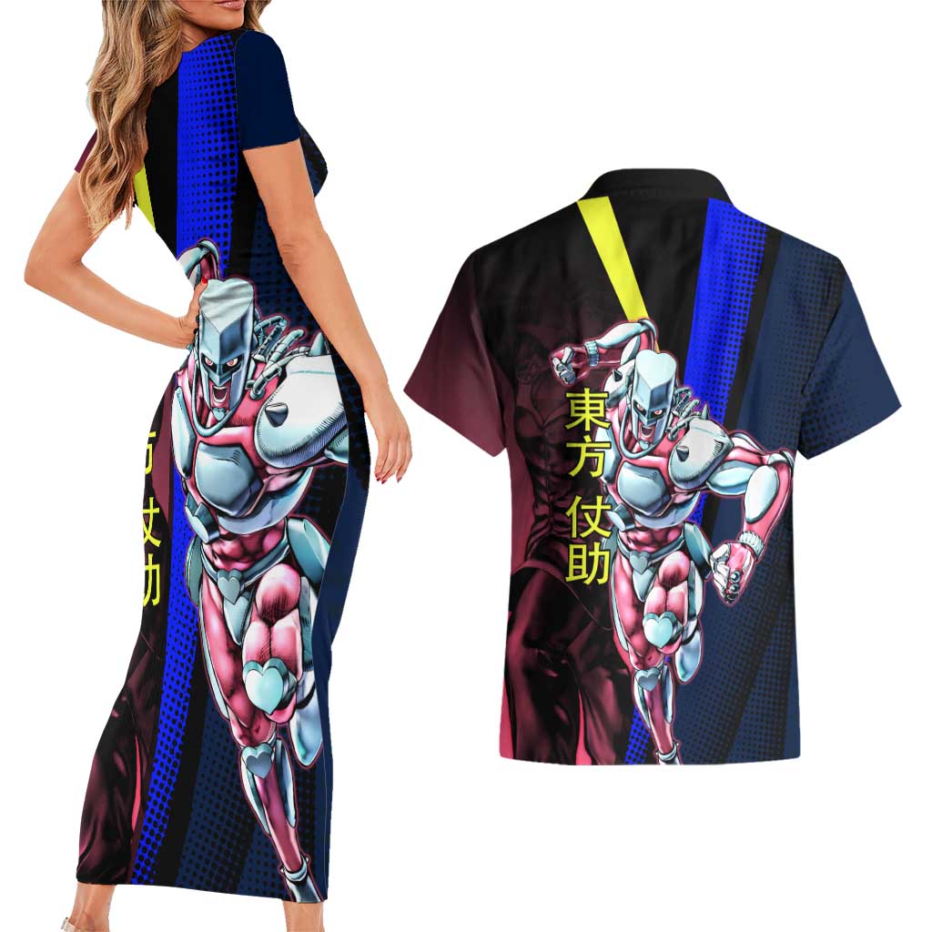 Josuke JoJo’s Bizarre Adventure Couples Matching Short Sleeve Bodycon Dress and Hawaiian Shirt with Crazy Diamond Stand - The Mazicc
