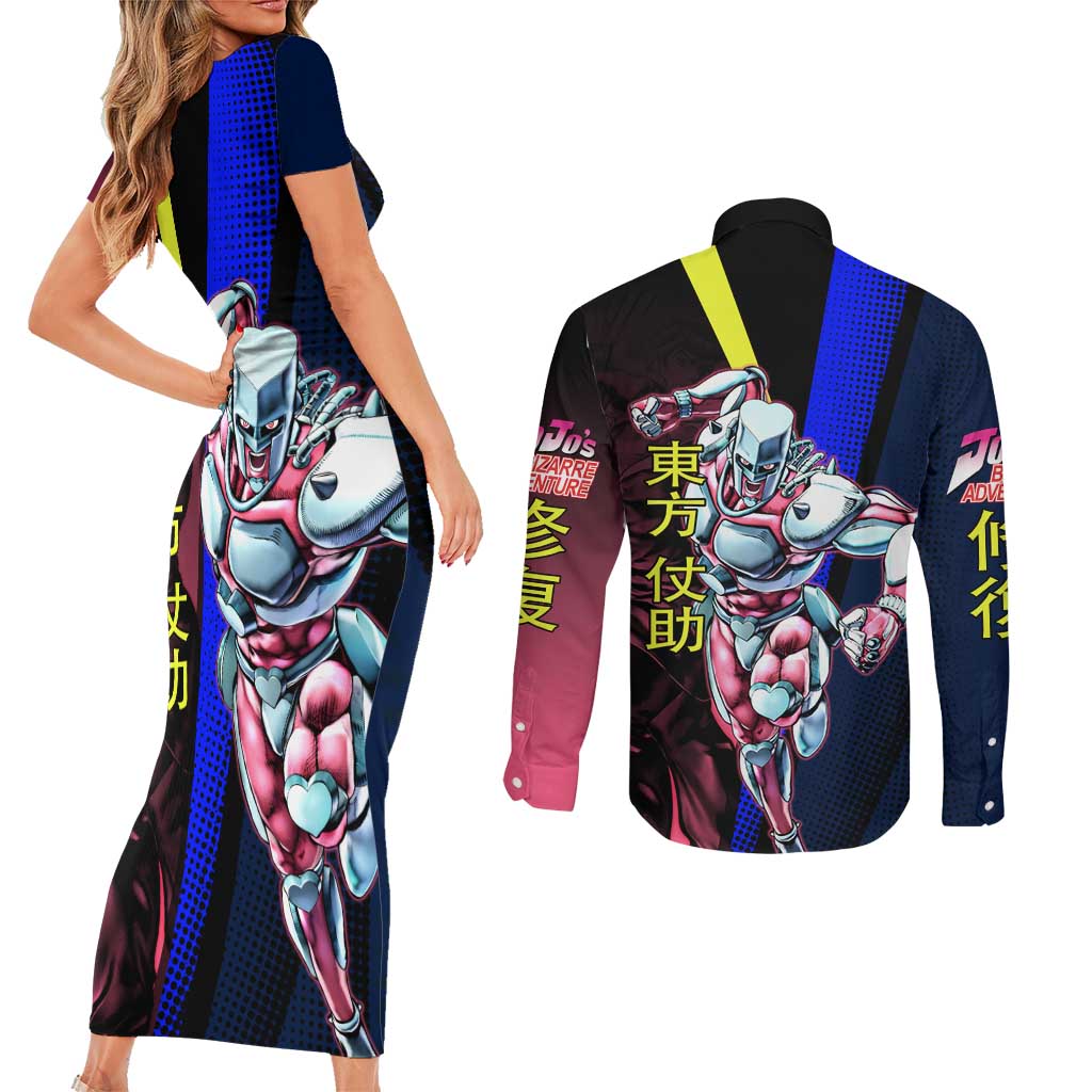 Josuke JoJo’s Bizarre Adventure Couples Matching Short Sleeve Bodycon Dress and Long Sleeve Button Shirt with Crazy Diamond Stand - The Mazicc