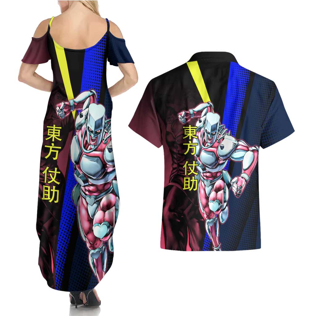 Josuke JoJo’s Bizarre Adventure Couples Matching Summer Maxi Dress and Hawaiian Shirt with Crazy Diamond Stand - The Mazicc