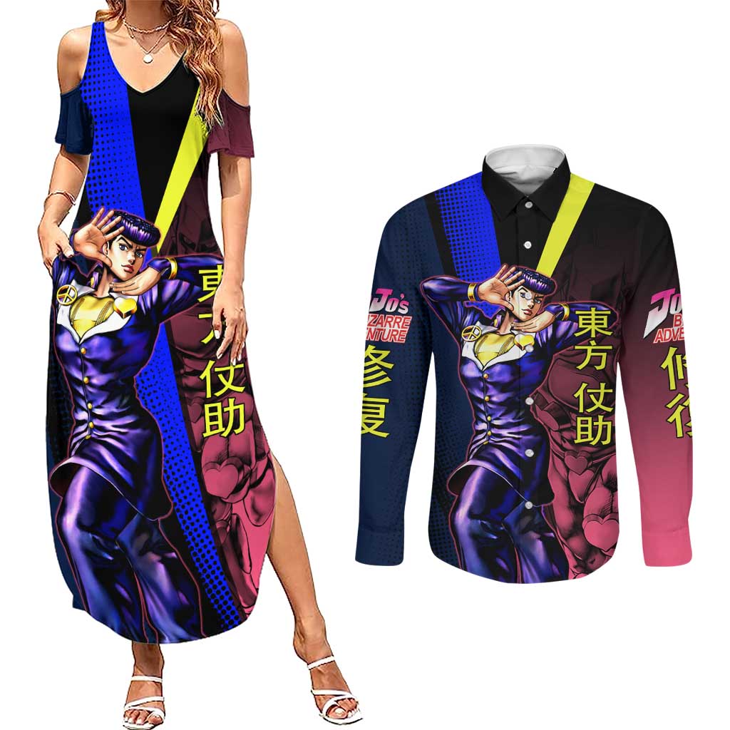 Josuke JoJo’s Bizarre Adventure Couples Matching Summer Maxi Dress and Long Sleeve Button Shirt with Crazy Diamond Stand - The Mazicc