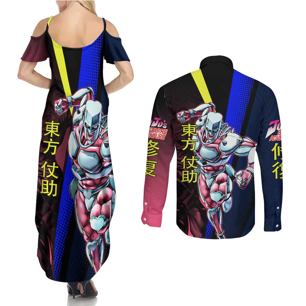 Josuke JoJo’s Bizarre Adventure Couples Matching Summer Maxi Dress and Long Sleeve Button Shirt with Crazy Diamond Stand - The Mazicc