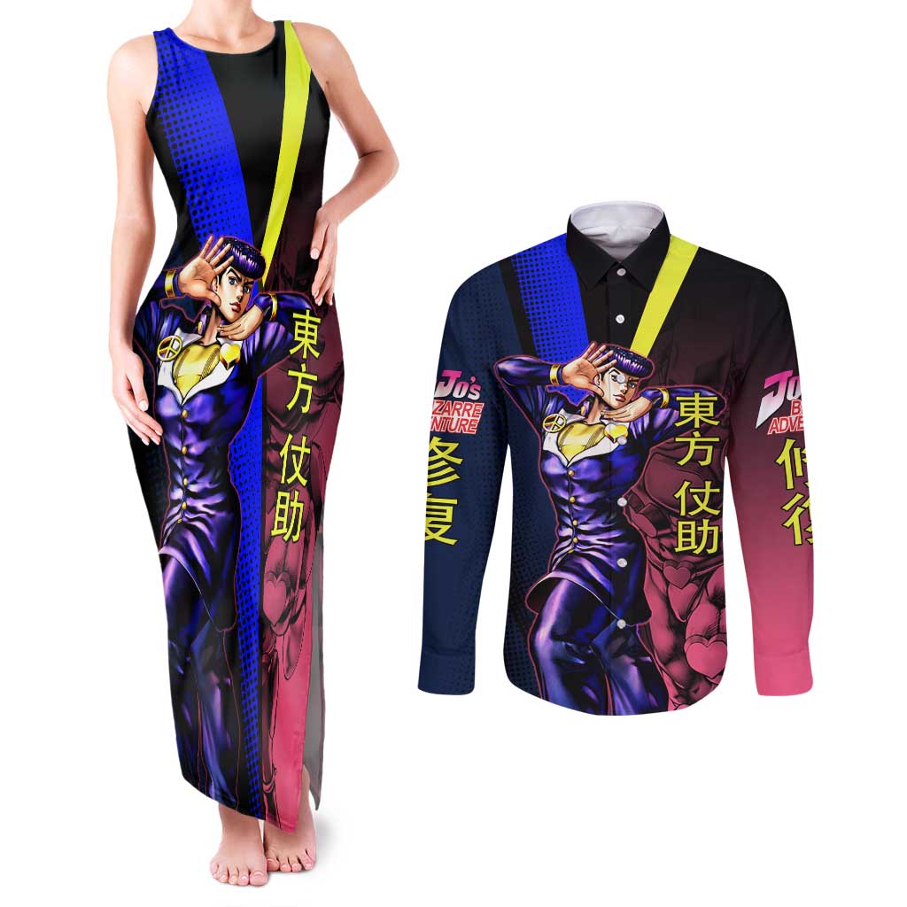 Josuke JoJo’s Bizarre Adventure Couples Matching Tank Maxi Dress and Long Sleeve Button Shirt with Crazy Diamond Stand - The Mazicc