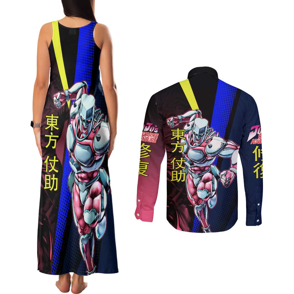 Josuke JoJo’s Bizarre Adventure Couples Matching Tank Maxi Dress and Long Sleeve Button Shirt with Crazy Diamond Stand - The Mazicc