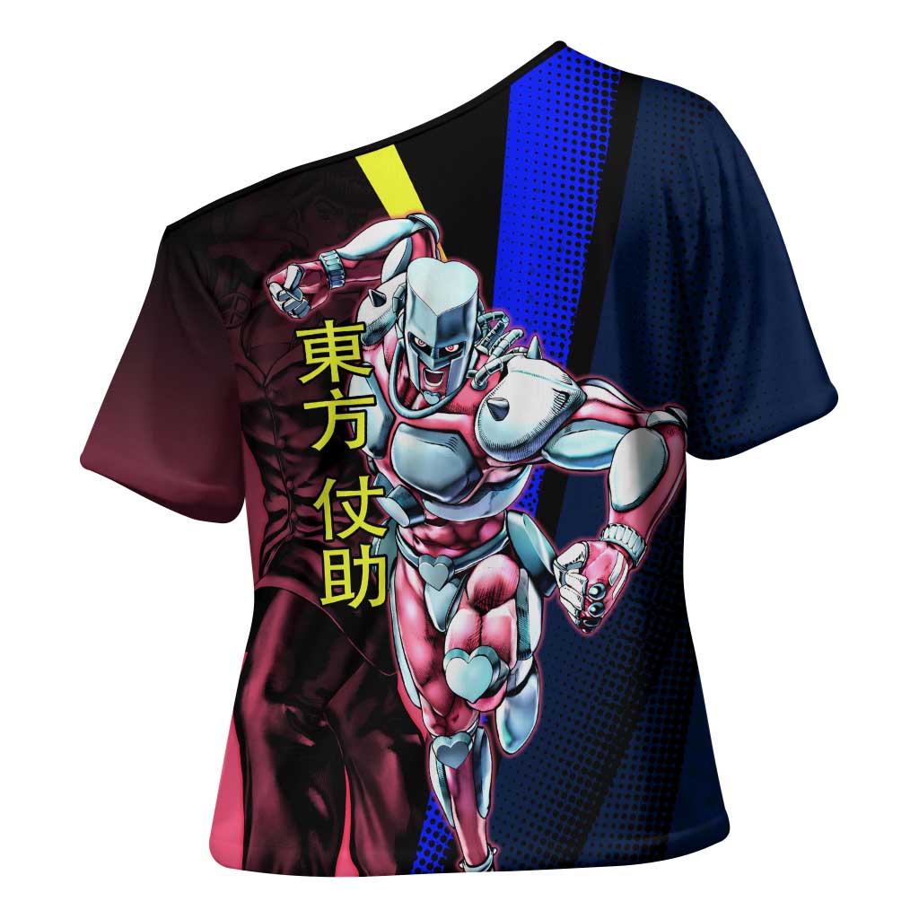 Josuke JoJo’s Bizarre Adventure Cross Shoulder Shirt with Crazy Diamond Stand - The Mazicc