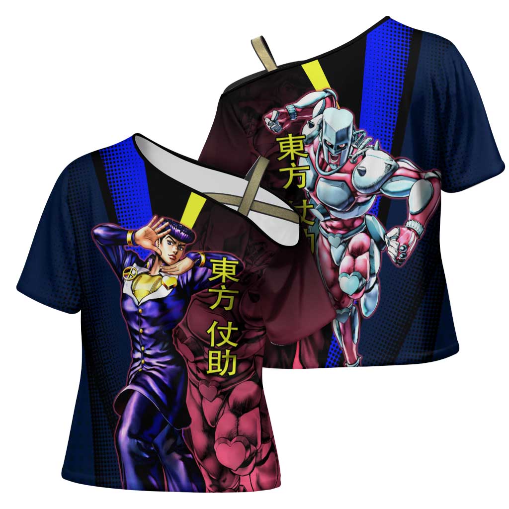 Josuke JoJo’s Bizarre Adventure Cross Shoulder Shirt with Crazy Diamond Stand - The Mazicc