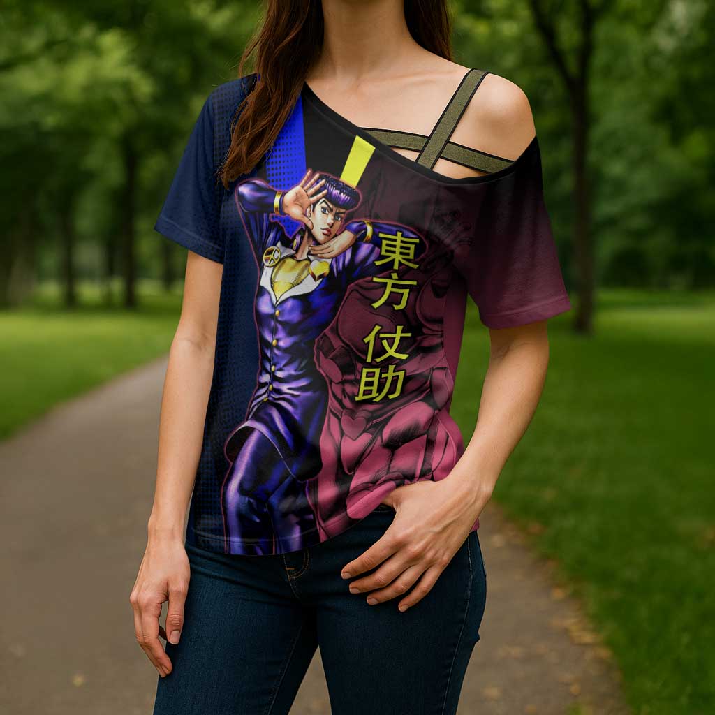 Josuke JoJo’s Bizarre Adventure Cross Shoulder Shirt with Crazy Diamond Stand - The Mazicc