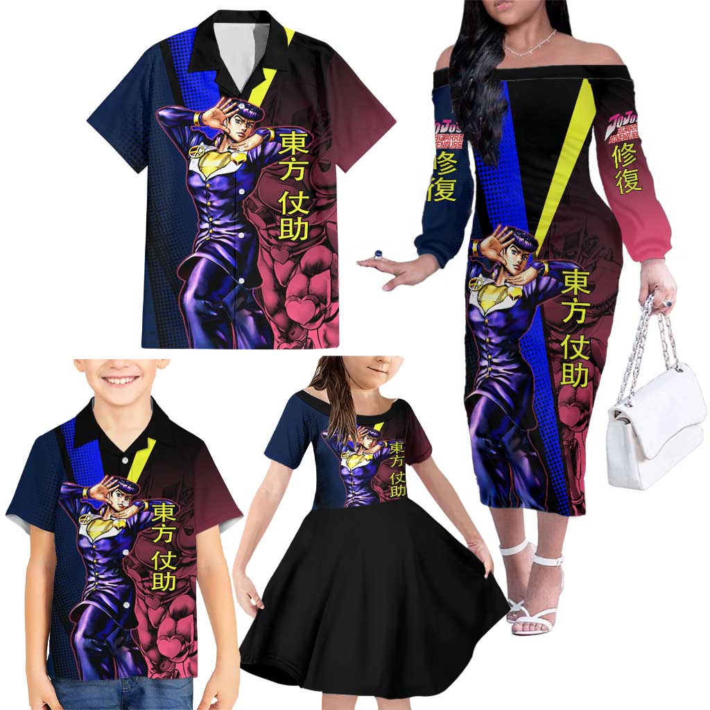 Josuke JoJo’s Bizarre Adventure Family Matching Off The Shoulder Long Sleeve Dress and Hawaiian Shirt with Crazy Diamond Stand