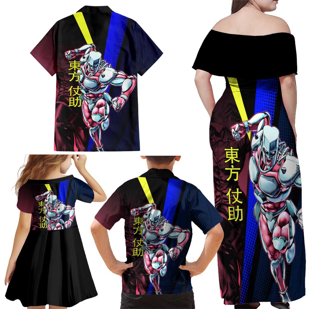 Josuke JoJo’s Bizarre Adventure Family Matching Off Shoulder Maxi Dress and Hawaiian Shirt with Crazy Diamond Stand