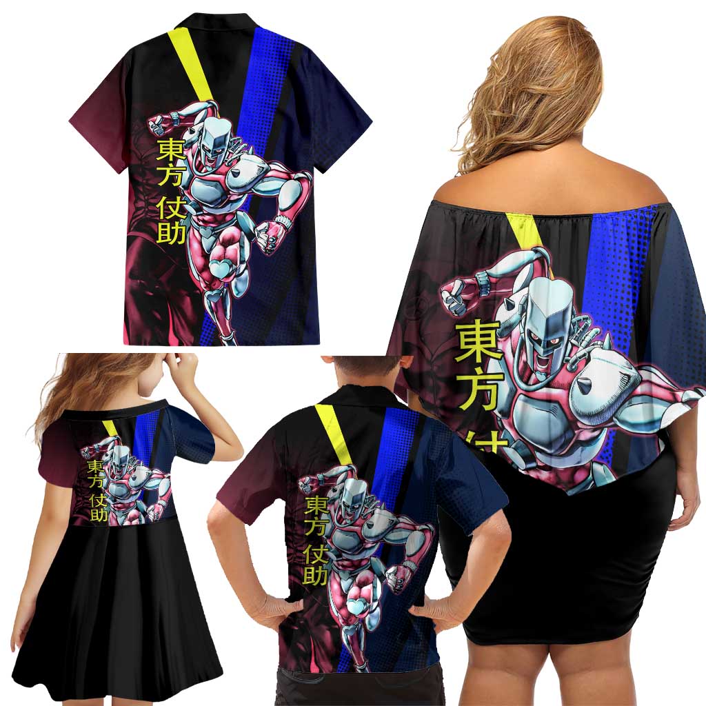 Josuke JoJo’s Bizarre Adventure Family Matching Off Shoulder Short Dress and Hawaiian Shirt with Crazy Diamond Stand