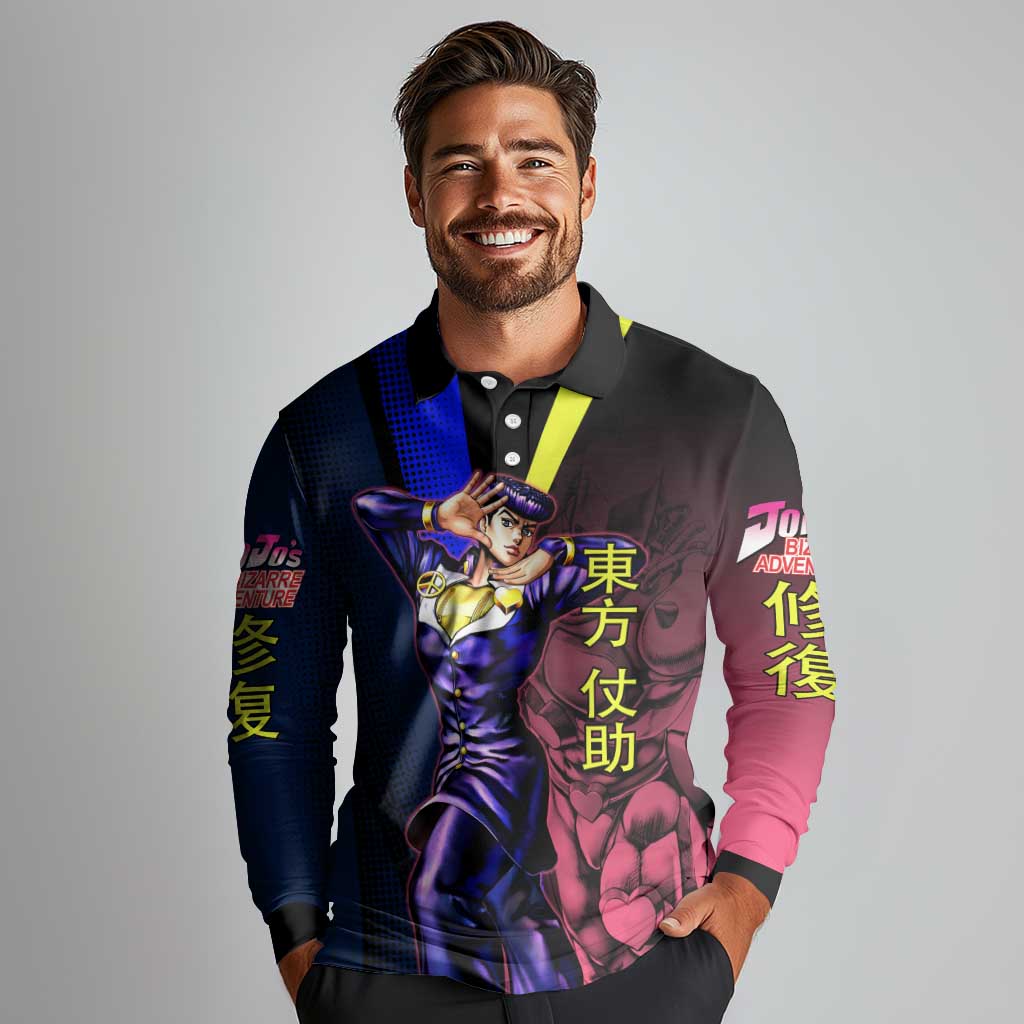 Josuke JoJo’s Bizarre Adventure Long Sleeve Polo Shirt with Crazy Diamond Stand - The Mazicc