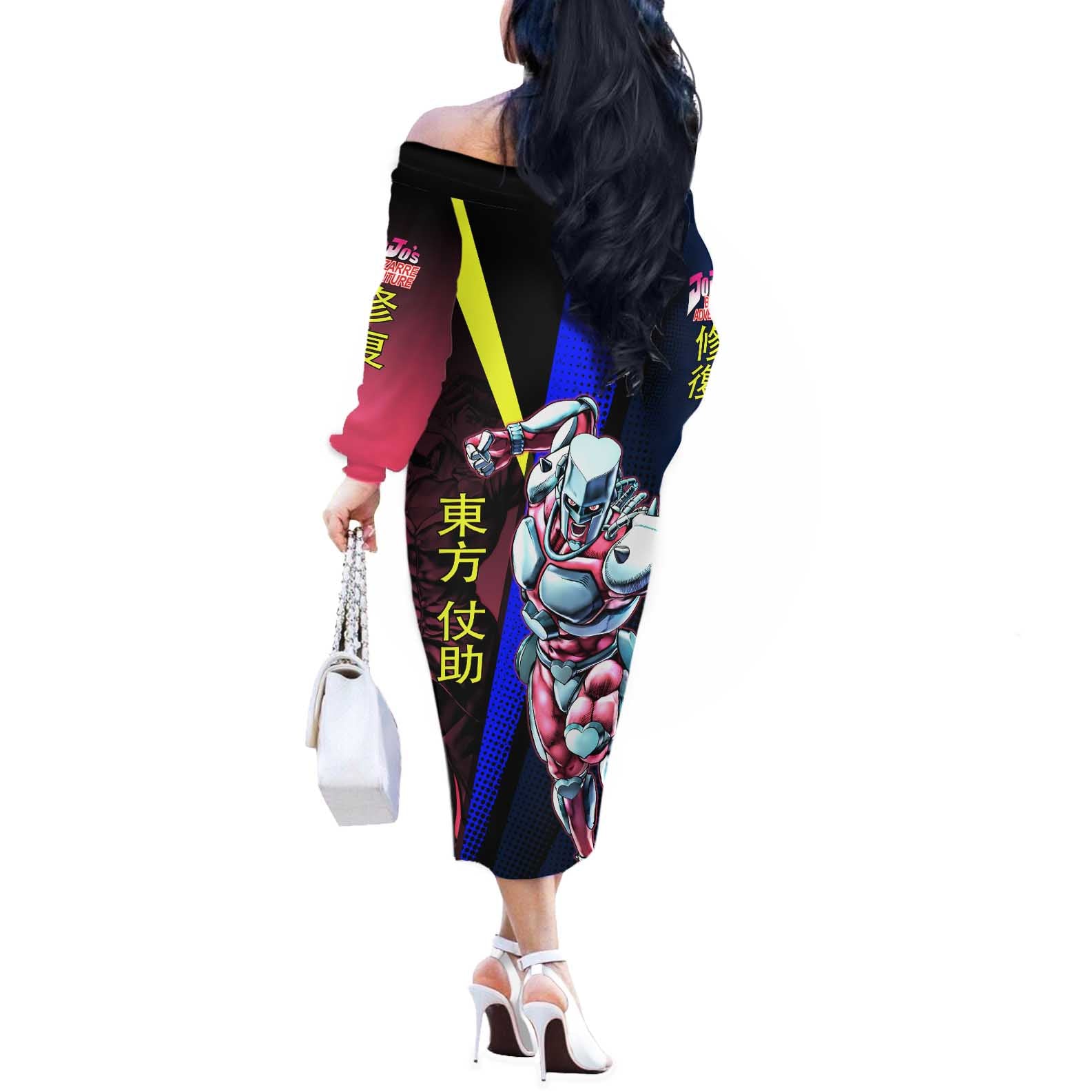 Josuke JoJo’s Bizarre Adventure Off The Shoulder Long Sleeve Dress with Crazy Diamond Stand - The Mazicc